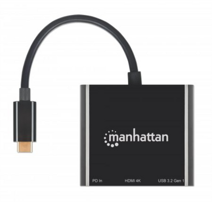 Manhattan USB-C Dock/Hub, Ports (x3): HDMI, USB-A and USB-C, With Power Delivery (100W) to USB-C Port (Note additional USB-C wall charger and USB-C cable needed), Cable 10cm, Black, Three Year Warranty, Retail Box