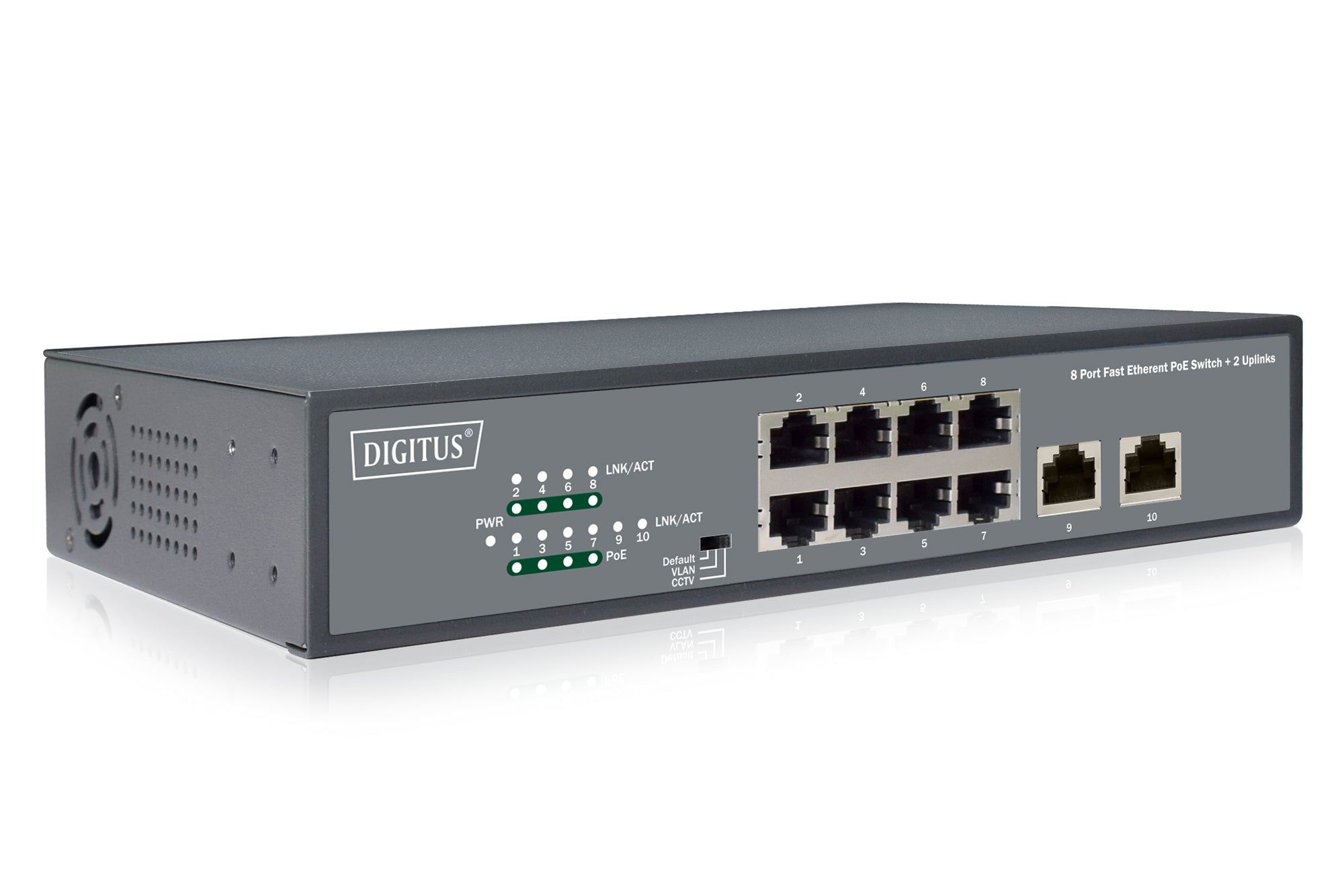 Digitus 8 Port Fast Ethernet PoE Switch, 19 Inch, Unmanaged, 2 Uplinks