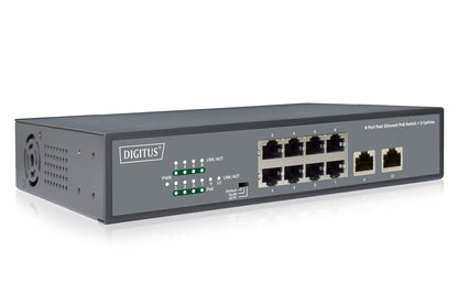 Digitus 8 Port Fast Ethernet PoE Switch, 19 Inch, Unmanaged, 2 Uplinks