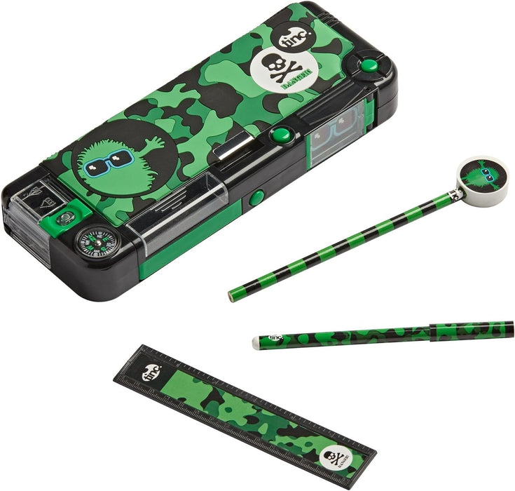 Tinc Hugga Character Pop Out Pencil Case Green | Pop Out Compartment with Push Button | Includes Pencil with Eraser Topper, Ballpoint Pen & 15cm Ruler | 3 Compartments for School