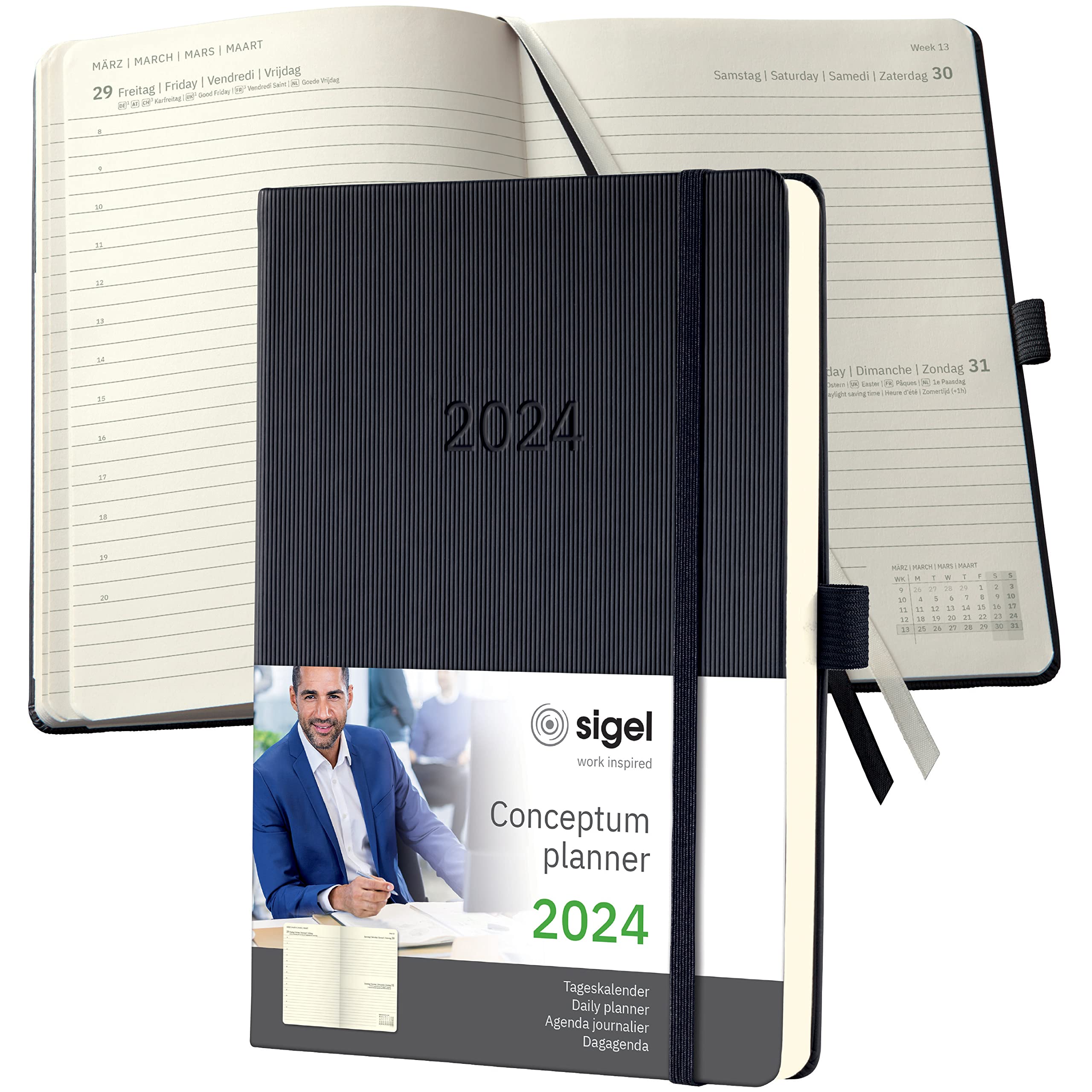 SIGEL C2410 Conceptum Daily planner 2024, approx. A5, black, hardcover, 1 page = 1 day, 400 pages hardcover ca. A5