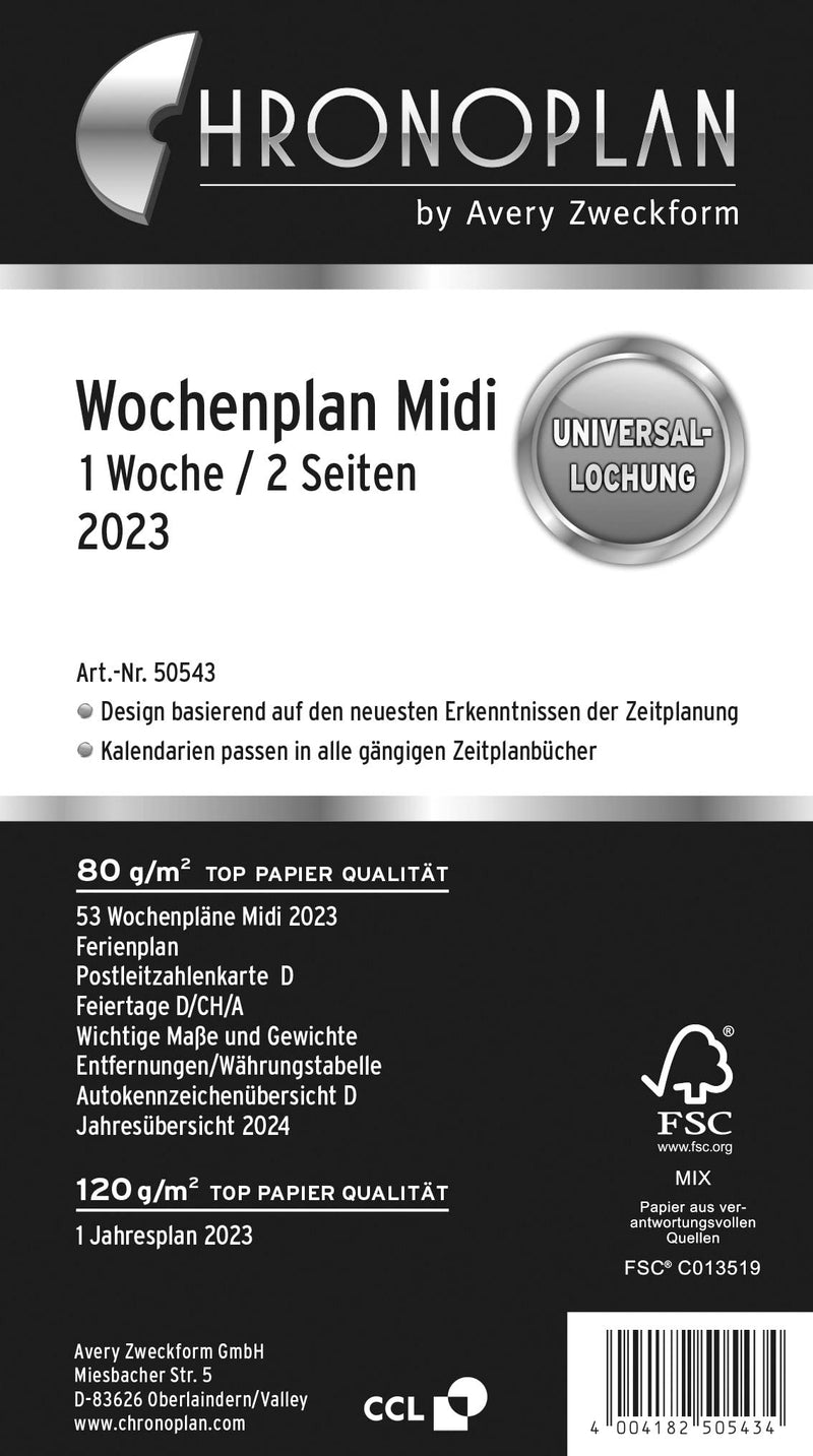Avery Dennison Zweckform Chronoplan 50543 Week Planner 2013 / 2 Pages for 1 Week / in Columns / Medium-Sized / White (In German) 2023 Midi Weekly plan in columns