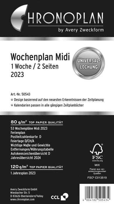 Avery Dennison Zweckform Chronoplan 50543 Week Planner 2013 / 2 Pages for 1 Week / in Columns / Medium-Sized / White (In German) 2023 Midi Weekly plan in columns