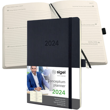 SIGEL C2422 Conceptum Weekly planner 2024, approx. A5, black, softcover, 2 pages = 1 week, 192 pages