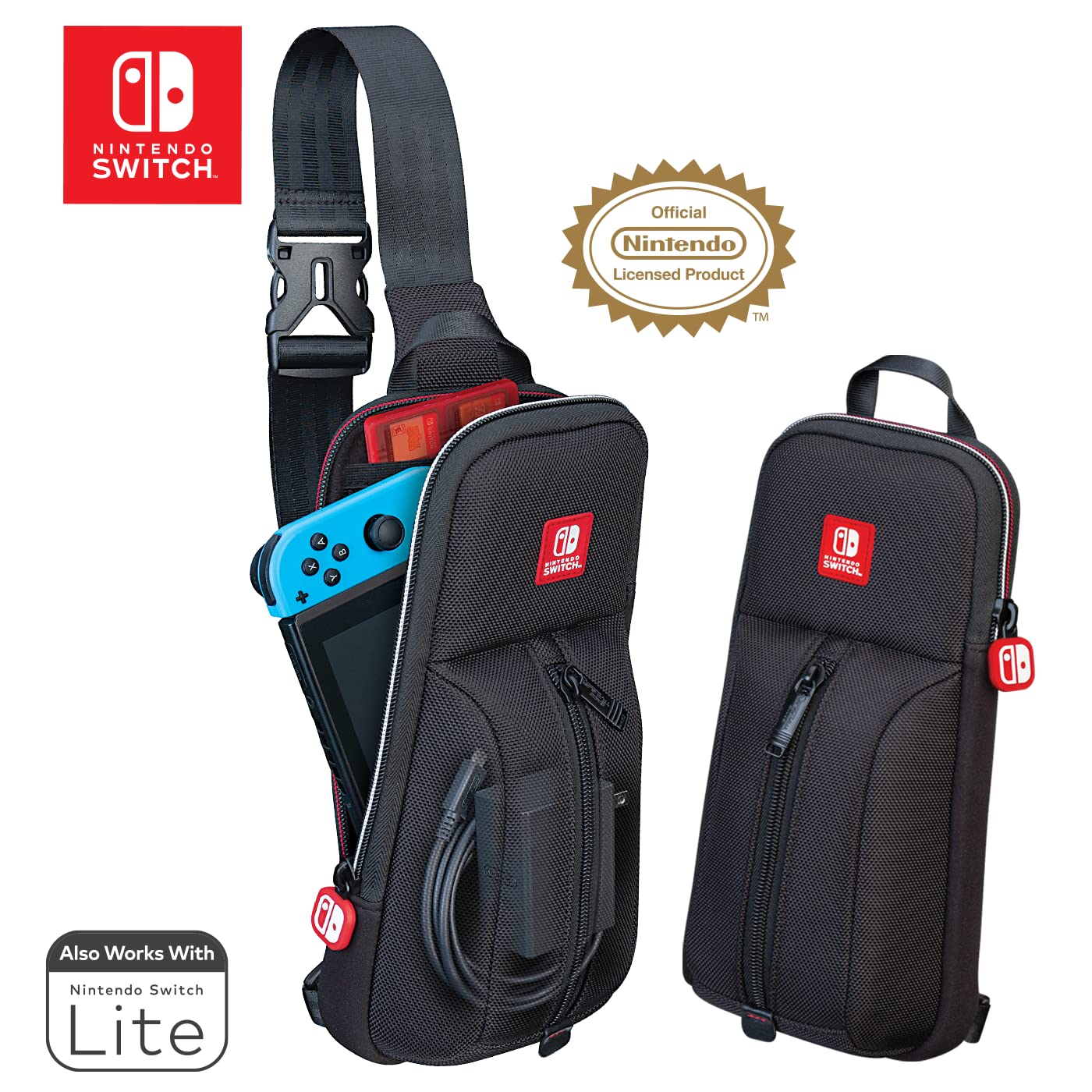 Game Traveler Sling Bag Nintendo Switch Case - Switch OLED Case for Switch OLED, Switch & Switch Lite, Dual Pockets, Comfort Shoulder Strap & Bonus Game Case, Licensed Nintendo Switch Game case