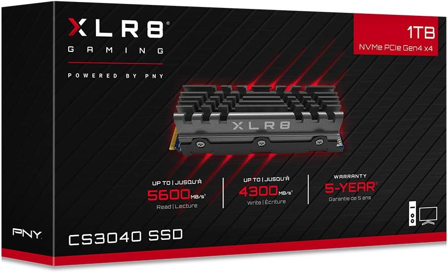 PNY XLR8 CS3040 M.2 NVMe Gen4 x4 Internal Solid State Drive (SSD) with Heatsink 1TB, Read Speed up to 5600 MB/s, Write Speed up to 4300 MB/s 1TB CS3040 with Heatsink