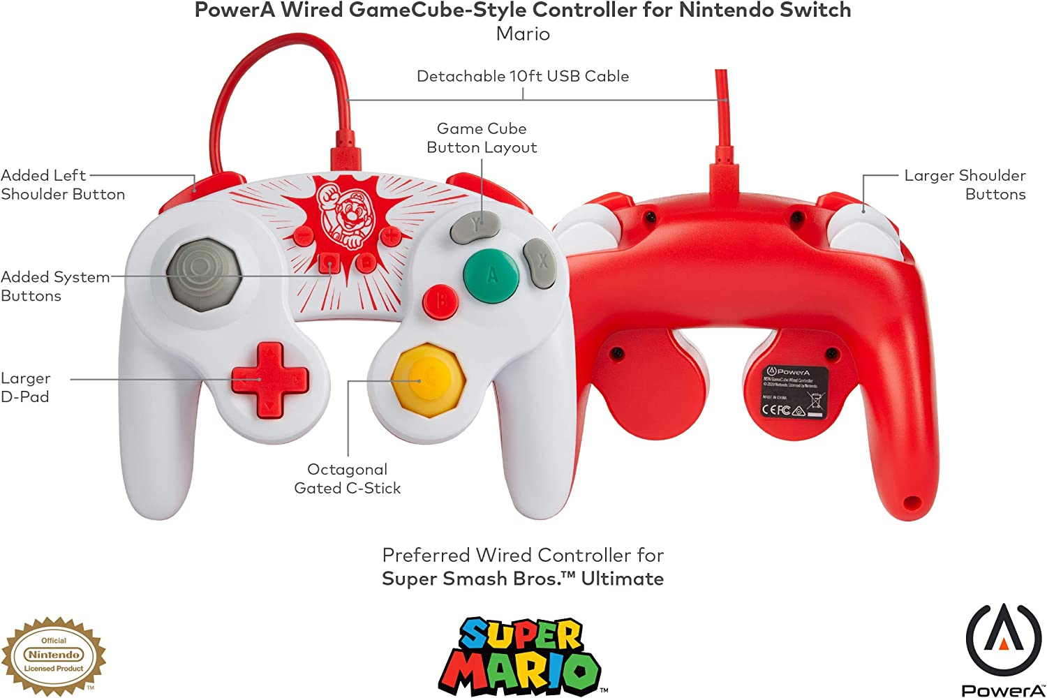 PowerA Wired Controller for Nintendo Switch – GameCube Style Mario Super Mario Wired Gamecube Controller