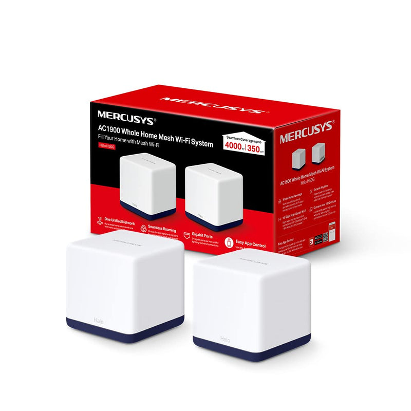 Mercusys AC1900 Whole Home Mesh Wi-Fi System, Coverage up to 4,000 ft² (350 m²) Connect over 100 Devices, Full Gigabit Ports, Dual Band Wi-Fi, Easy App Control, Halo H50G(2-pack) AC1900 Mesh(2-pack)|Plus
