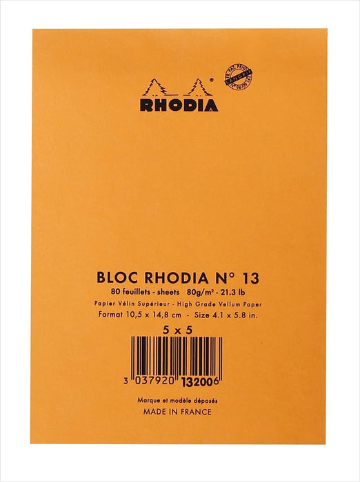 RHODIA 13200C - Stapled Notepad N°13 Orange - A6 - Small Squares - 80 Detachable Sheets - 80G Clairefontaine Paper - Soft, Resistant and Waterproof Coated Card Cover - Basics