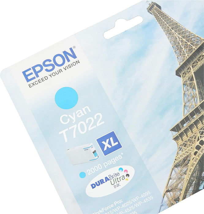Epson T7022 Eiffel Cyan Genuine, XL High Yield Ink Cartridge DuraBrite Ultra