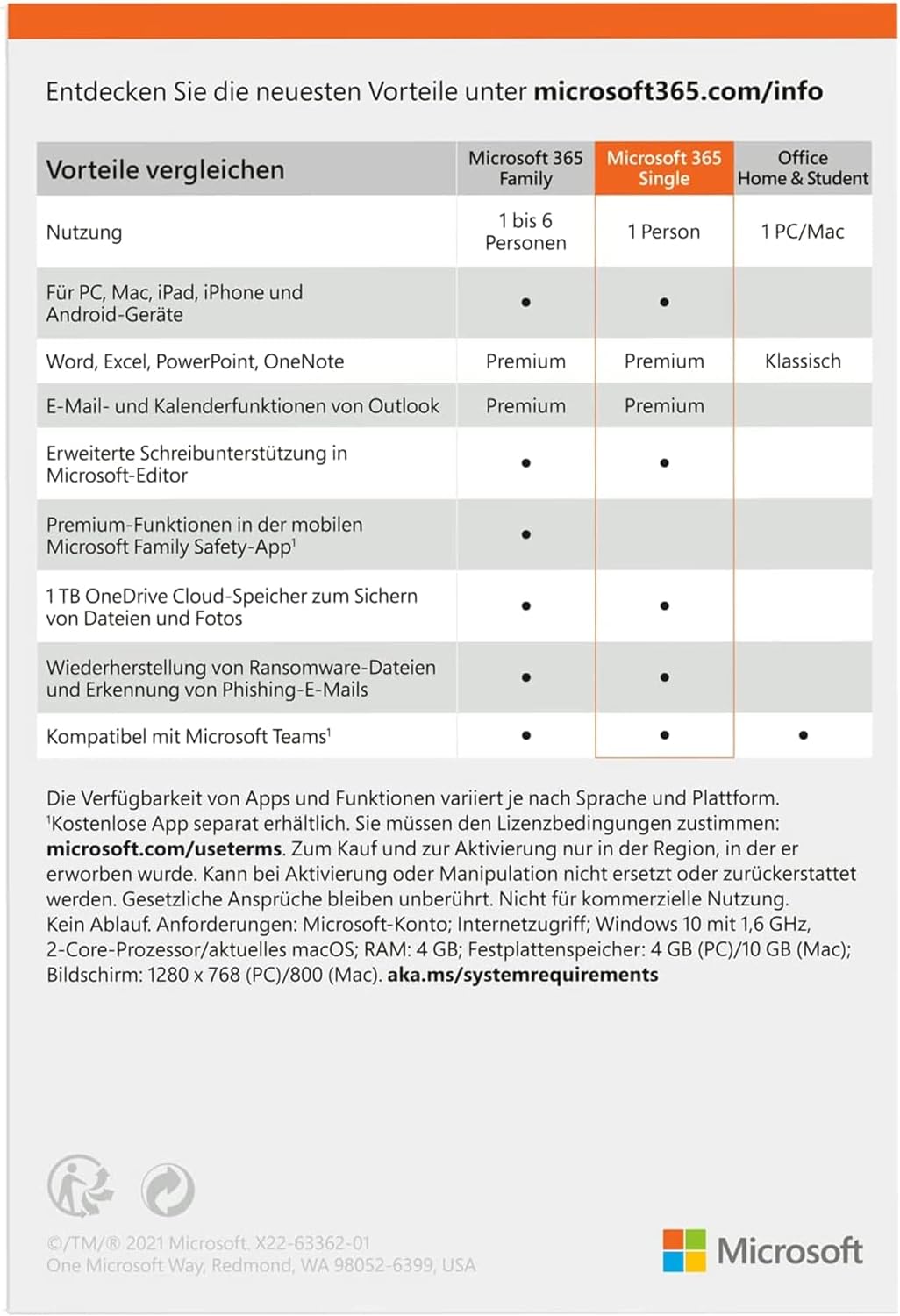 Microsoft 365 Single - 1 PC/MAC, 1 Year - DE - Box