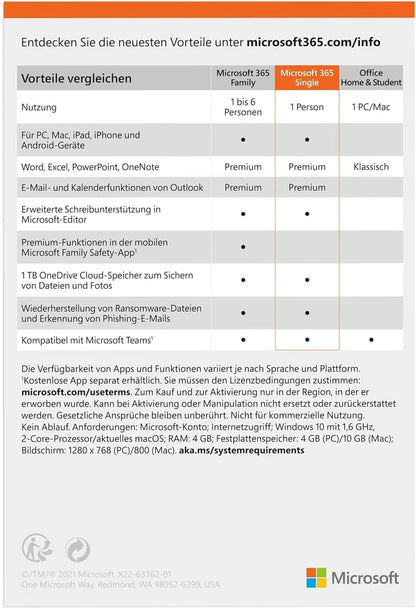 Microsoft 365 Single - 1 PC/MAC, 1 Year - DE - Box