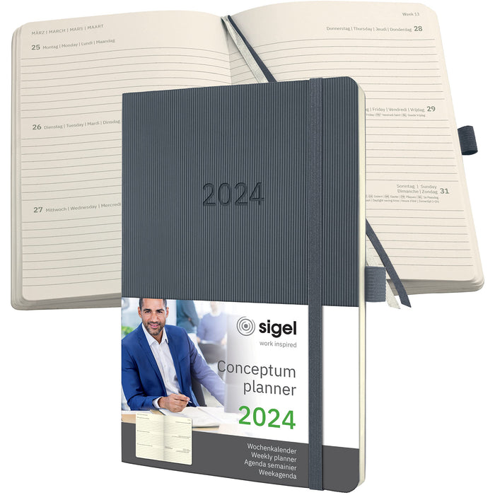 SIGEL C2436 Conceptum Weekly planner 2024, approx. A5, Dark Grey, softcover, 2 pages equal to 1 week, 192 pages
