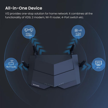 Tenda V12 modem router (AC1200 300 Mbit/s at 2.4GHz + 867 Mbit/s at 5GHz, 3x gigabit LAN port +1x gigabit WAN) beamforming, supported VPN/IPTV/IPv6/ WPS|100-240V |50/ 60Hz ≤ 18W power consumption