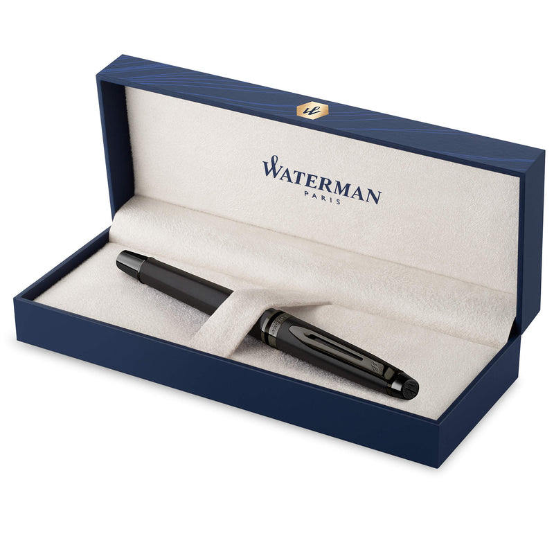 Waterman Expert Fountain Pen | Metallic Black Lacquer with Ruthenium Trim | Medium PVD Coated Stainless Steel Nib | Blue Ink | With Gift Box Medium Nib Black