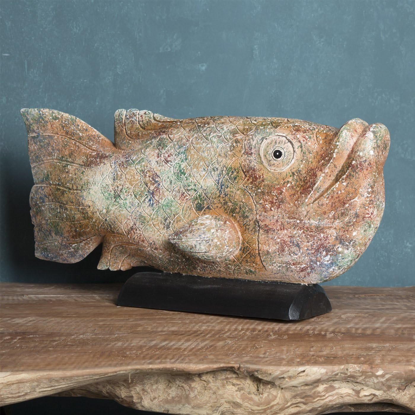 Belssia Fish, Wood, brown, green and black, 65 x 32 x 16 cm