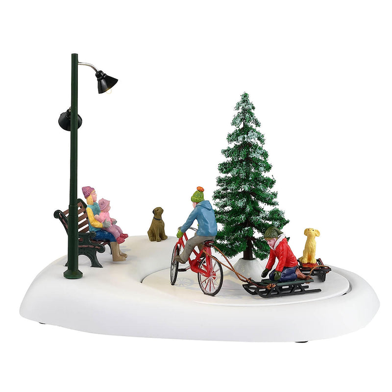 Lemax Snowbiking with Dad #34087 Family Bike Pulling Sled
