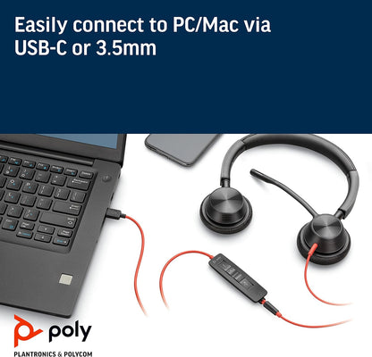 Plantronics – Blackwire 3325 USB-C (Poly) – Wired, Dual-Ear (Stereo) Headset with Boom Mic - Connect to PC/Mac via USB-C or mobile/tablet via 3.5 mm connector – Works w/ Teams (Certified), Zoom & more USB-C & AUX, Teams certified Single Stereo