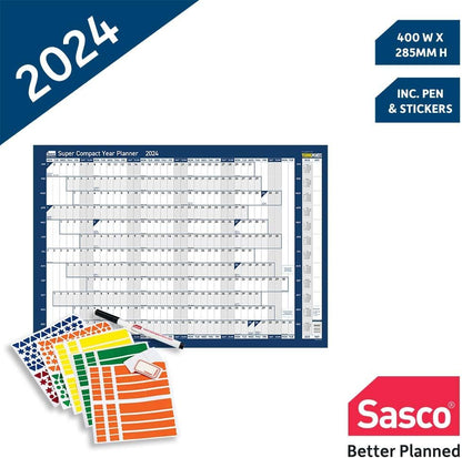 Sasco 2024 Super Compact Yearly Wall Planner, Paper Mini Whiteboard Poster Style Dry Erase Calendar, Small Wall Planner with Dry Erase Pen & Stickers, Wall Chart & Office Notice Board, Blue, 400x285mm Super compact size Blue Poster Style