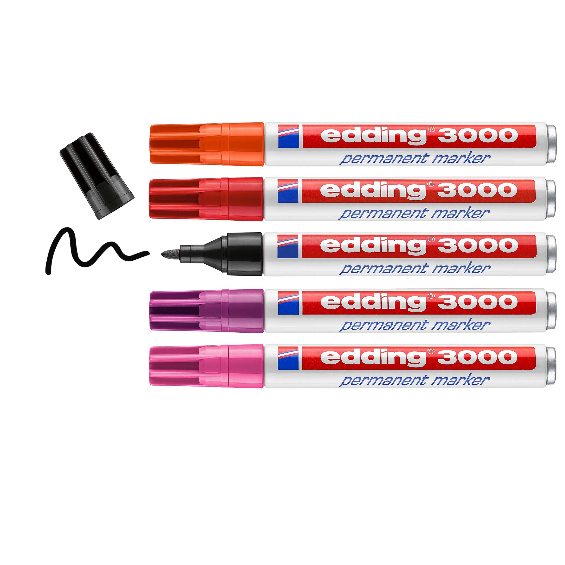 edding 3000 permanent marker - red, orange, pink, magenta (purple), black - set of 5 warm colours - round nib - quick-drying permanent marker - waterproof - for cardboard, plastic, wood, metal, glass 28: Set of 5 - Multicoloured