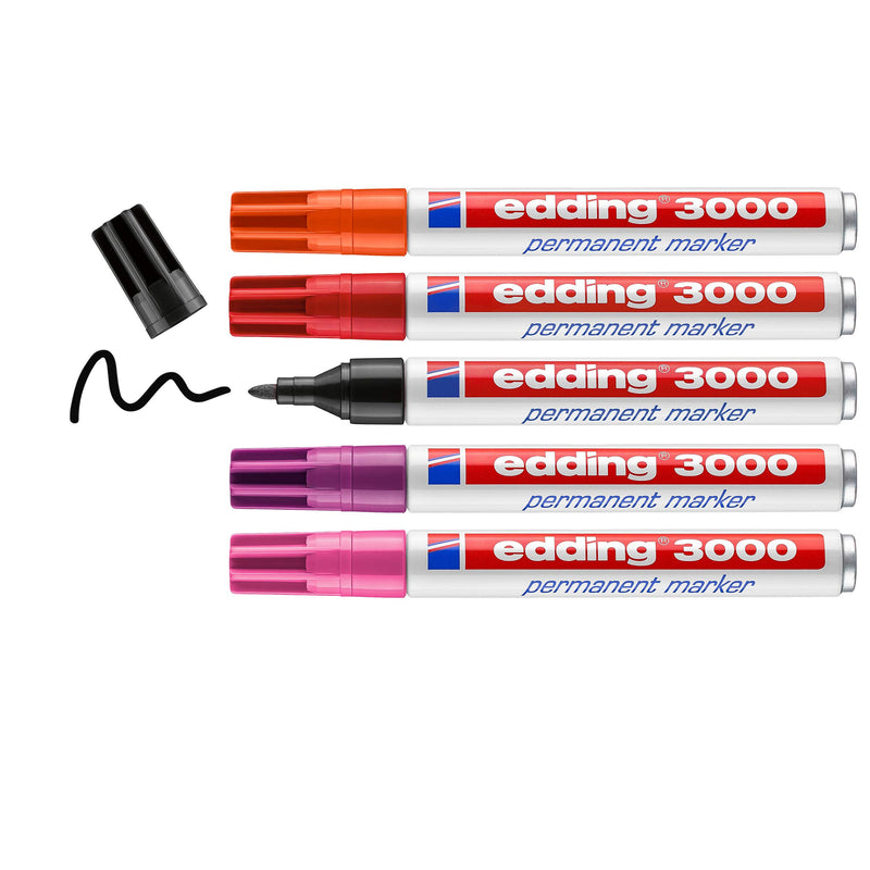 edding 3000 permanent marker - red, orange, pink, magenta (purple), black - set of 5 warm colours - round nib - quick-drying permanent marker - waterproof - for cardboard, plastic, wood, metal, glass 28: Set of 5 - Multicoloured