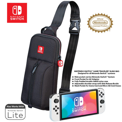 Game Traveler Sling Bag Nintendo Switch Case - Switch OLED Case for Switch OLED, Switch & Switch Lite, Dual Pockets, Comfort Shoulder Strap & Bonus Game Case, Licensed Nintendo Switch Game case