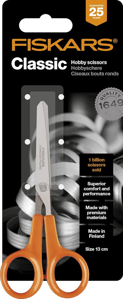 Fiskars Hobby Scissors, Length: 13 cm, For Right- and Left-handed Users, Stainless Steel Blade/Plastic Handles, Orange, Classic, 1005154 Length: 13 cm Right- / and left-handed