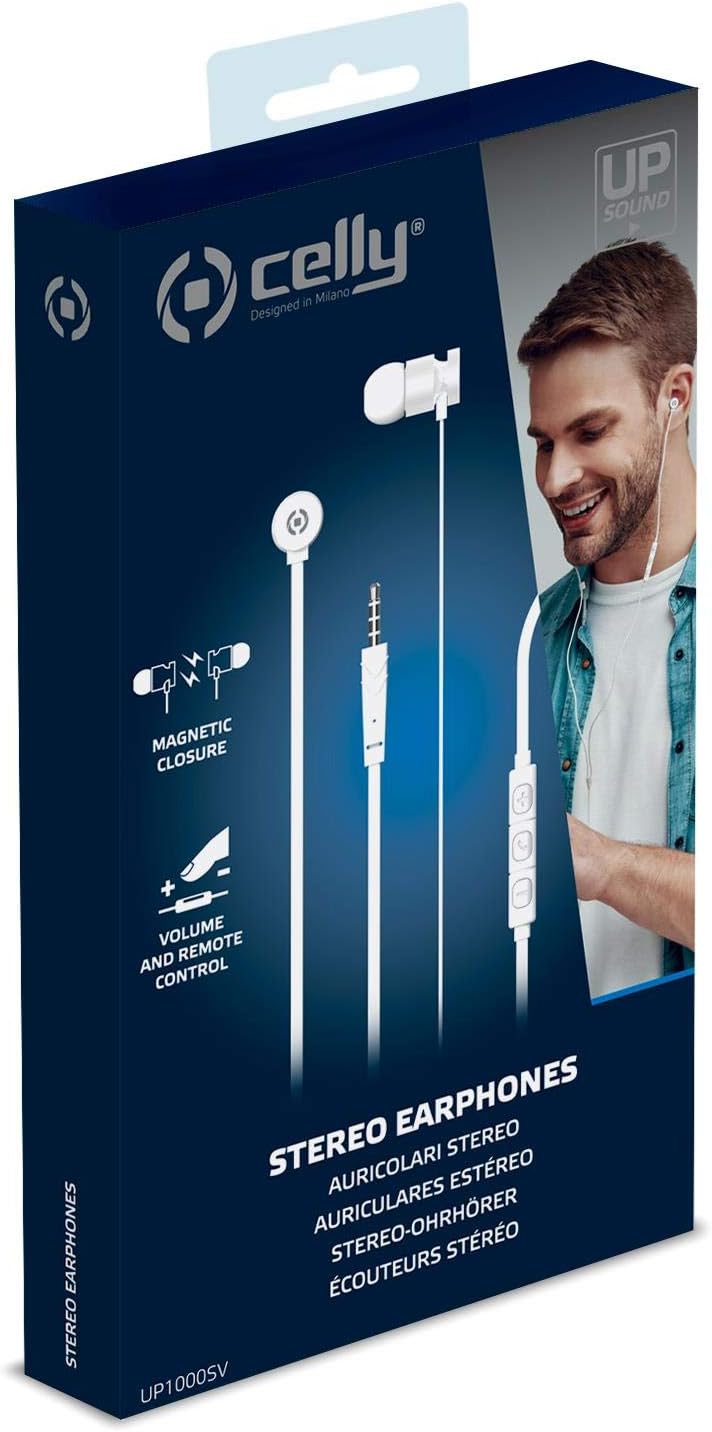 Celly UP1000 In Ear Wired Headphones, 3.5 mm Jack Cable with Microphone, Call Answer Button and Volume Control, Silver
