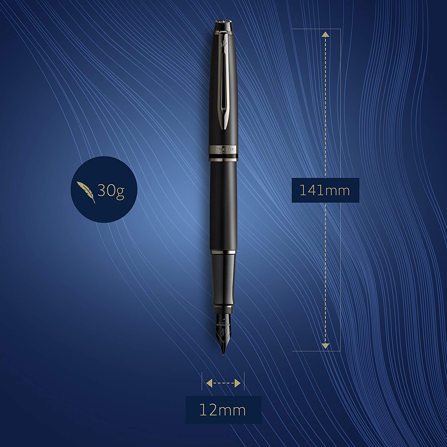 Waterman Expert Fountain Pen | Metallic Black Lacquer with Ruthenium Trim | Medium PVD Coated Stainless Steel Nib | Blue Ink | With Gift Box Medium Nib Black
