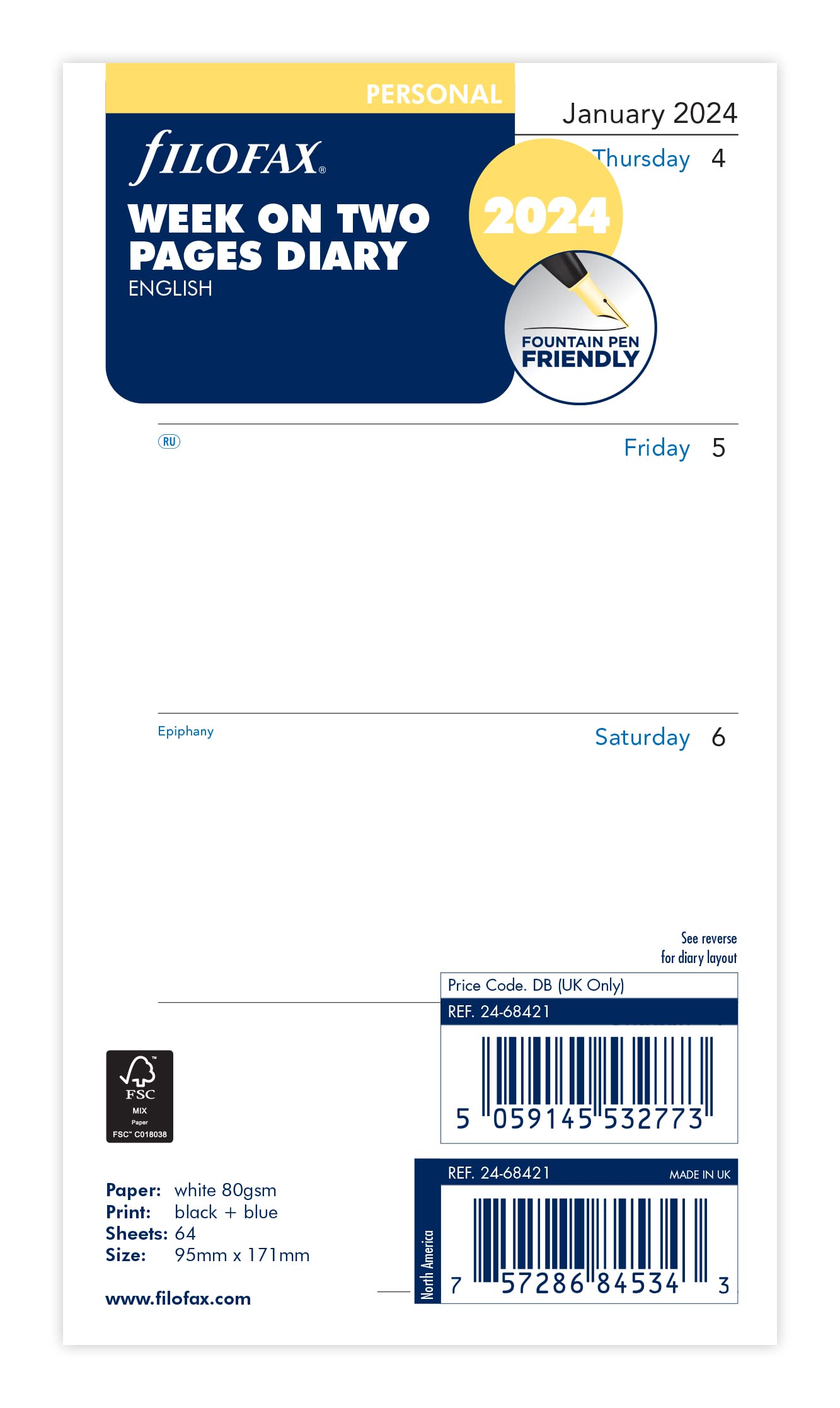 Filofax Personal Week on two pages English 2024 diary,White