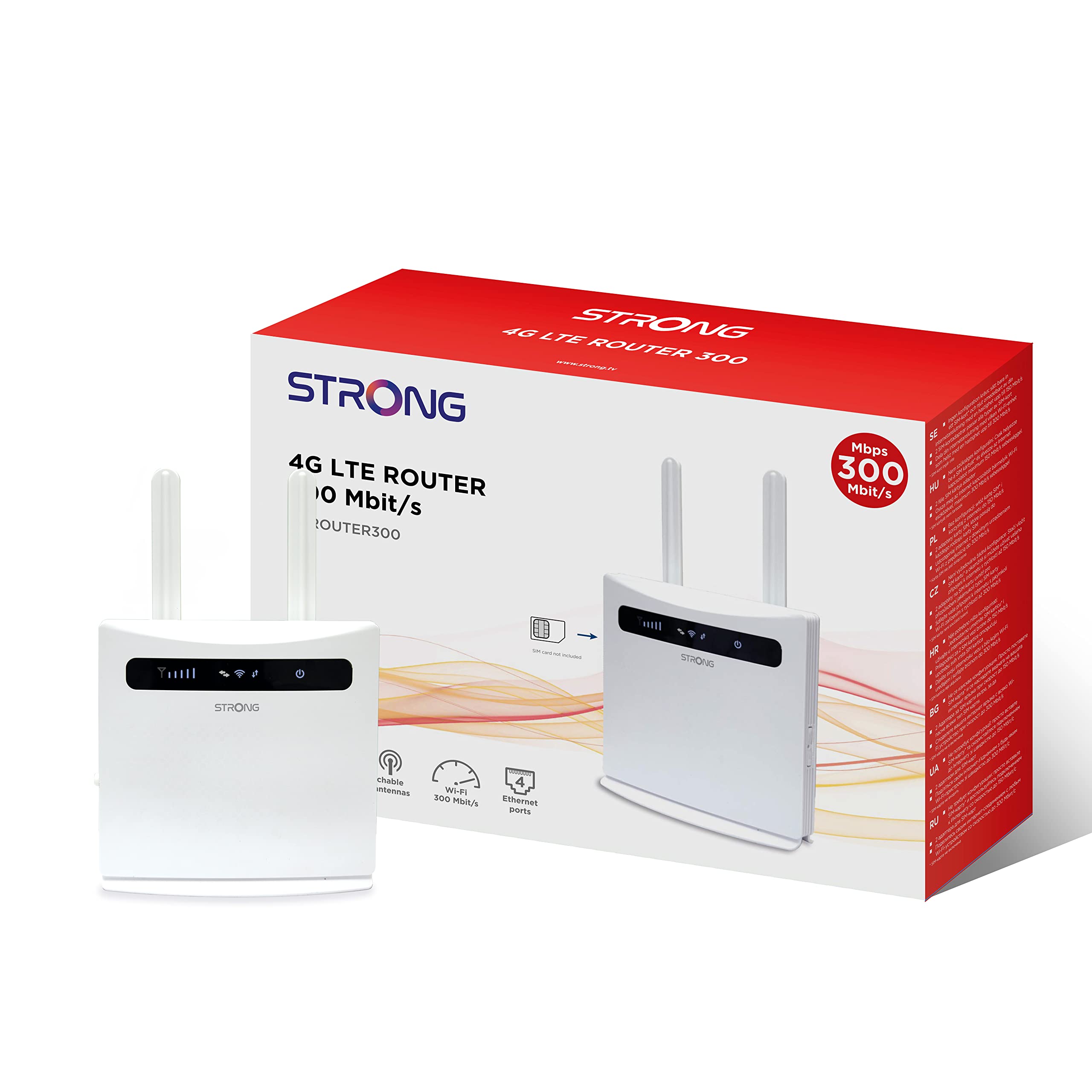 STRONG 4G LTE Wi-Fi Router, CAT 4, SIM Slot, N300 Wi-Fi Router, 4 LAN Ports, Zero Configuration, Detachable Antennas CAT 4 LTE | 4 x Network Ports | N300 Wi-Fi