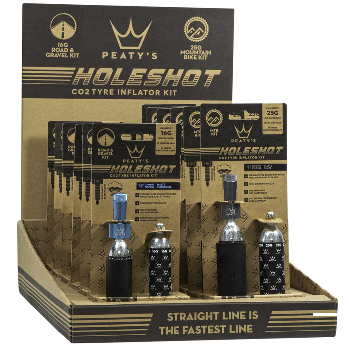 Peaty`s Holeshot CO2 Tyre Inflator POS Box - 12 Colours