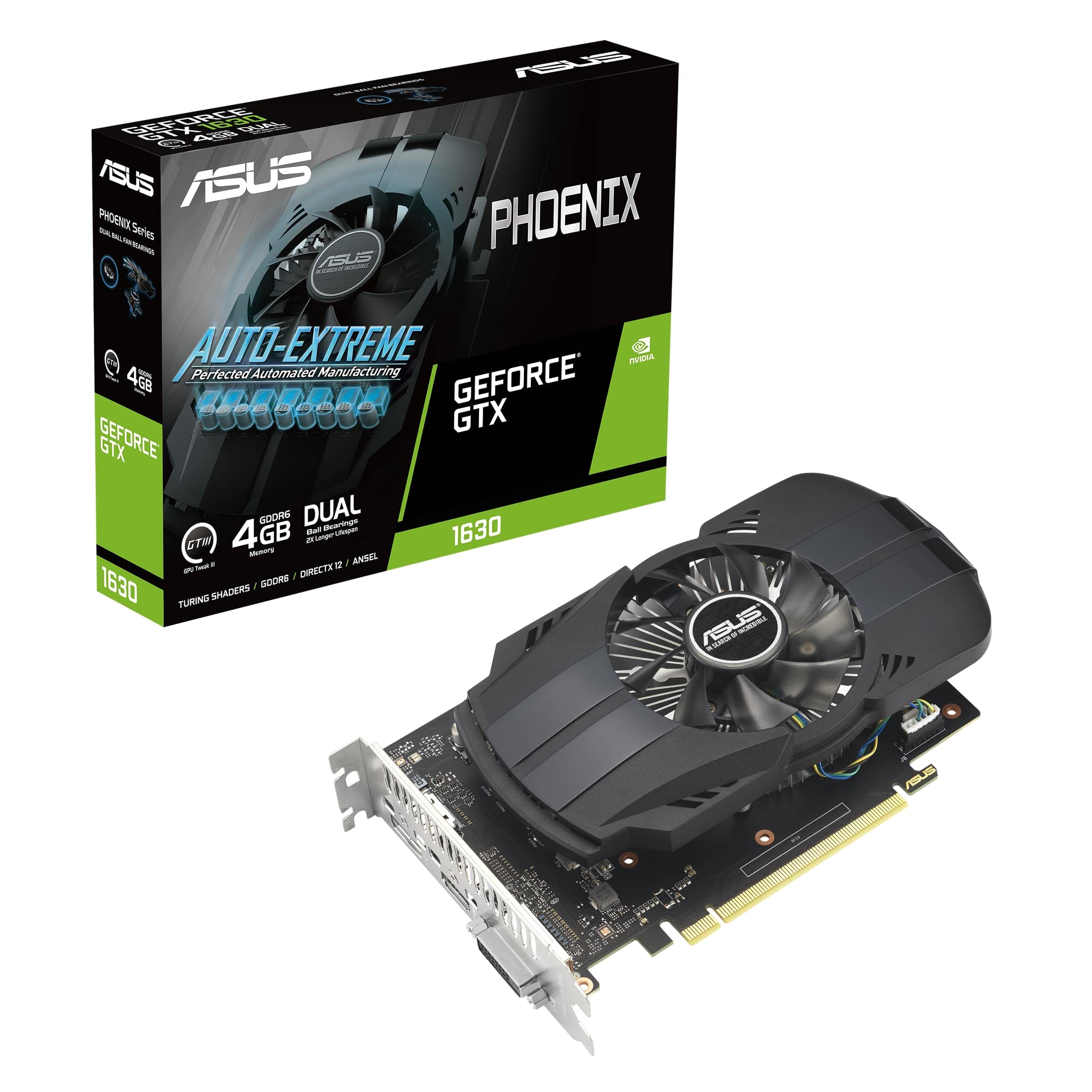 ASUS Phoenix NVIDIA GeForce GTX 1630 Graphics Card (PCIe 3.0, 4GB GDDR6 memory, HDMI 2.0b, DisplayPort 1.4a, DVI-D, IP5X Dust Resistance, Auto-Extreme) PHOENIX GTX1630 4GB EVO