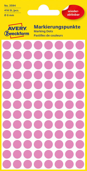 AVERY Zweckform 3594 Self-Adhesive Marker Dots (Diameter 8 mm, 416 Removable Adhesive Dots on 4 Sheets, Round Stickers for Calendars, Planners and Crafts, Paper, Matte) Pink