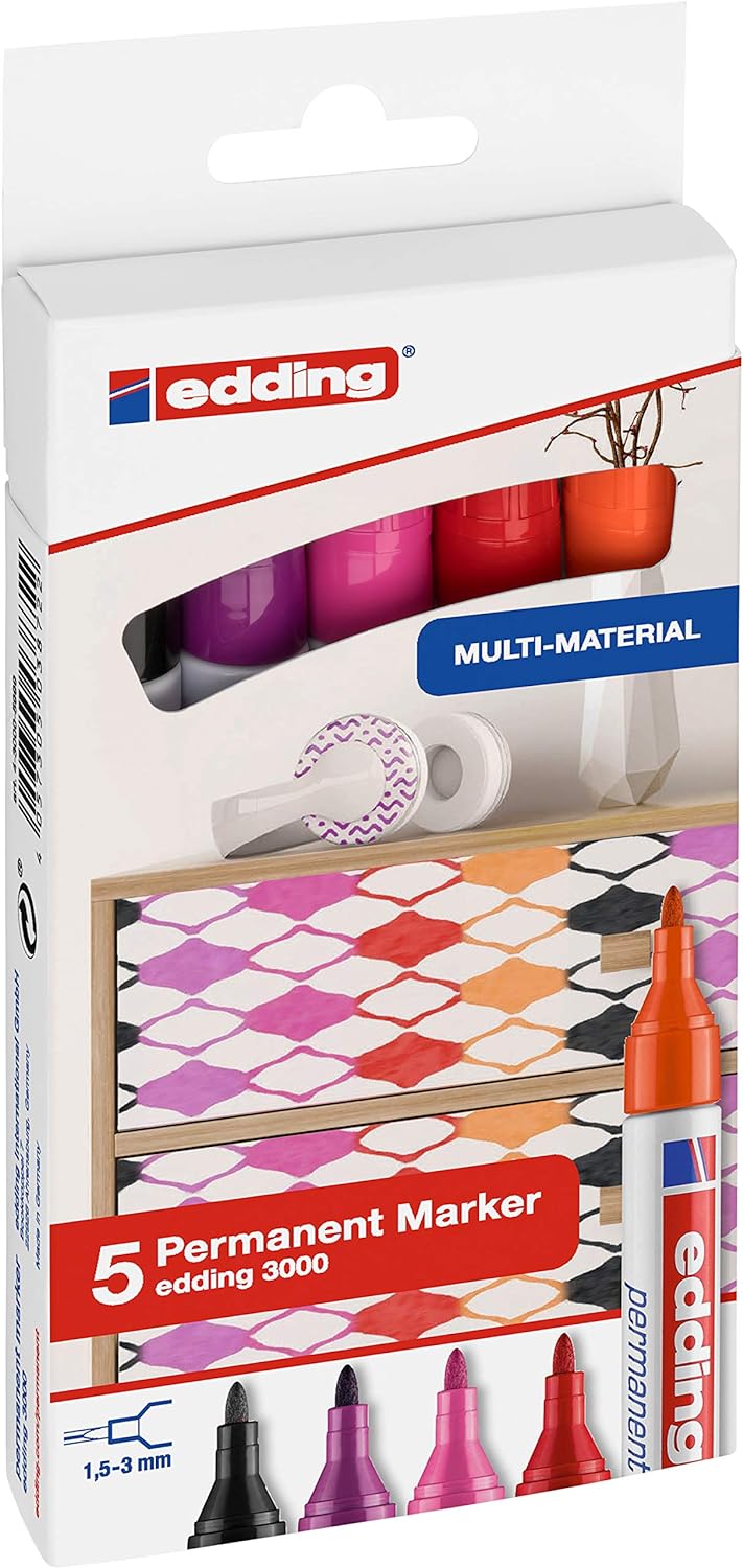 edding 3000 permanent marker - red, orange, pink, magenta (purple), black - set of 5 warm colours - round nib - quick-drying permanent marker - waterproof - for cardboard, plastic, wood, metal, glass 28: Set of 5 - Multicoloured