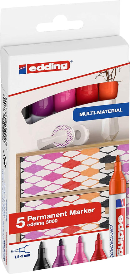 edding 3000 permanent marker - red, orange, pink, magenta (purple), black - set of 5 warm colours - round nib - quick-drying permanent marker - waterproof - for cardboard, plastic, wood, metal, glass 28: Set of 5 - Multicoloured