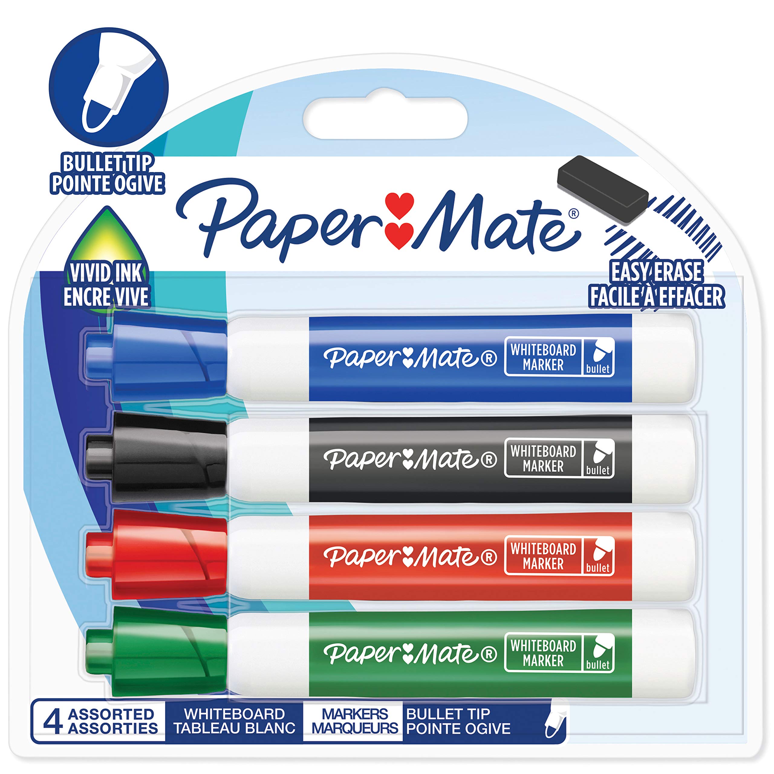 Paper Mate Low Odour Whiteboard Markers, Bullet Tip, Assorted Ink Colours, 4 Count assorted colours 4 count bullet tip