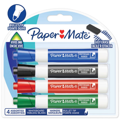 Paper Mate Low Odour Whiteboard Markers, Bullet Tip, Assorted Ink Colours, 4 Count assorted colours 4 count bullet tip