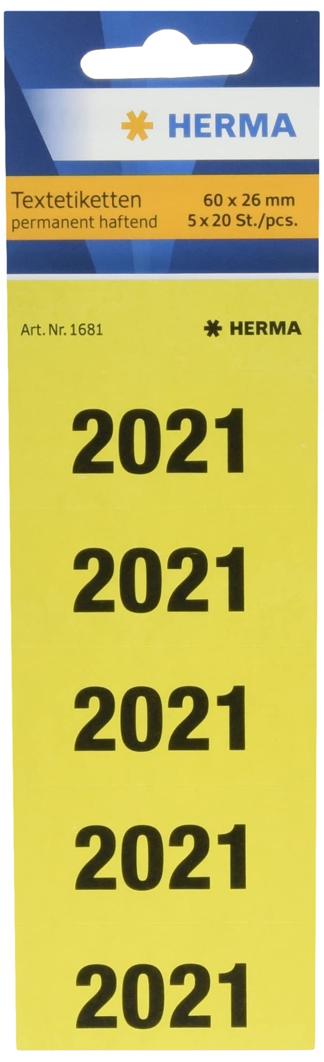 HERMA 1681 Year Numbers Stickers 2021 for Folders (60 x 26 mm, Paper, Matte, Opaque) Self-Adhesive, Permanent Text Labels, 100 Labels, Yellow 2021.