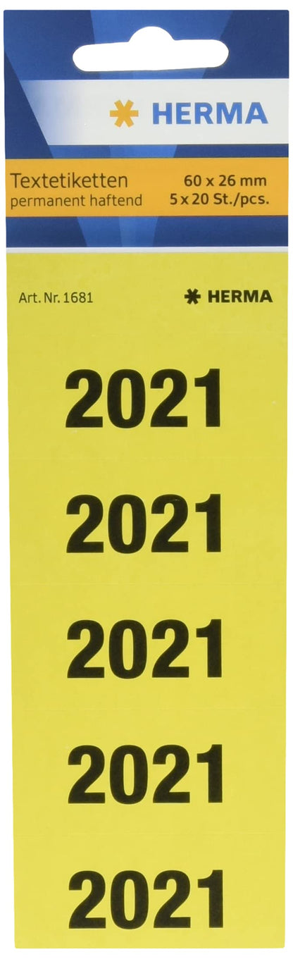HERMA 1681 Year Numbers Stickers 2021 for Folders (60 x 26 mm, Paper, Matte, Opaque) Self-Adhesive, Permanent Text Labels, 100 Labels, Yellow 2021.