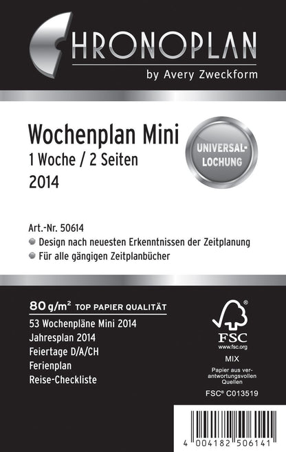 Chronoplan 50614 Kalendereinlage 2024 (Wochenplan Mini (79x125mm) Ersatzkalendarium für Terminplaner, ideal für detaillierte Wochenplanung, 1 Woche auf 2 Seiten in Zeilen, mit Universallochung) weiß