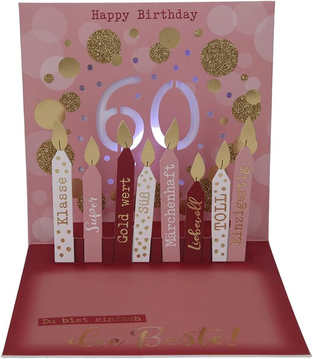 Depesche 0011694-009 Pop-Up Greeting Card for 60th Birthday Folding Card with Music Light Elements and an Original Saying Birthday Card with Envelope 15.5 x 15.5 cm