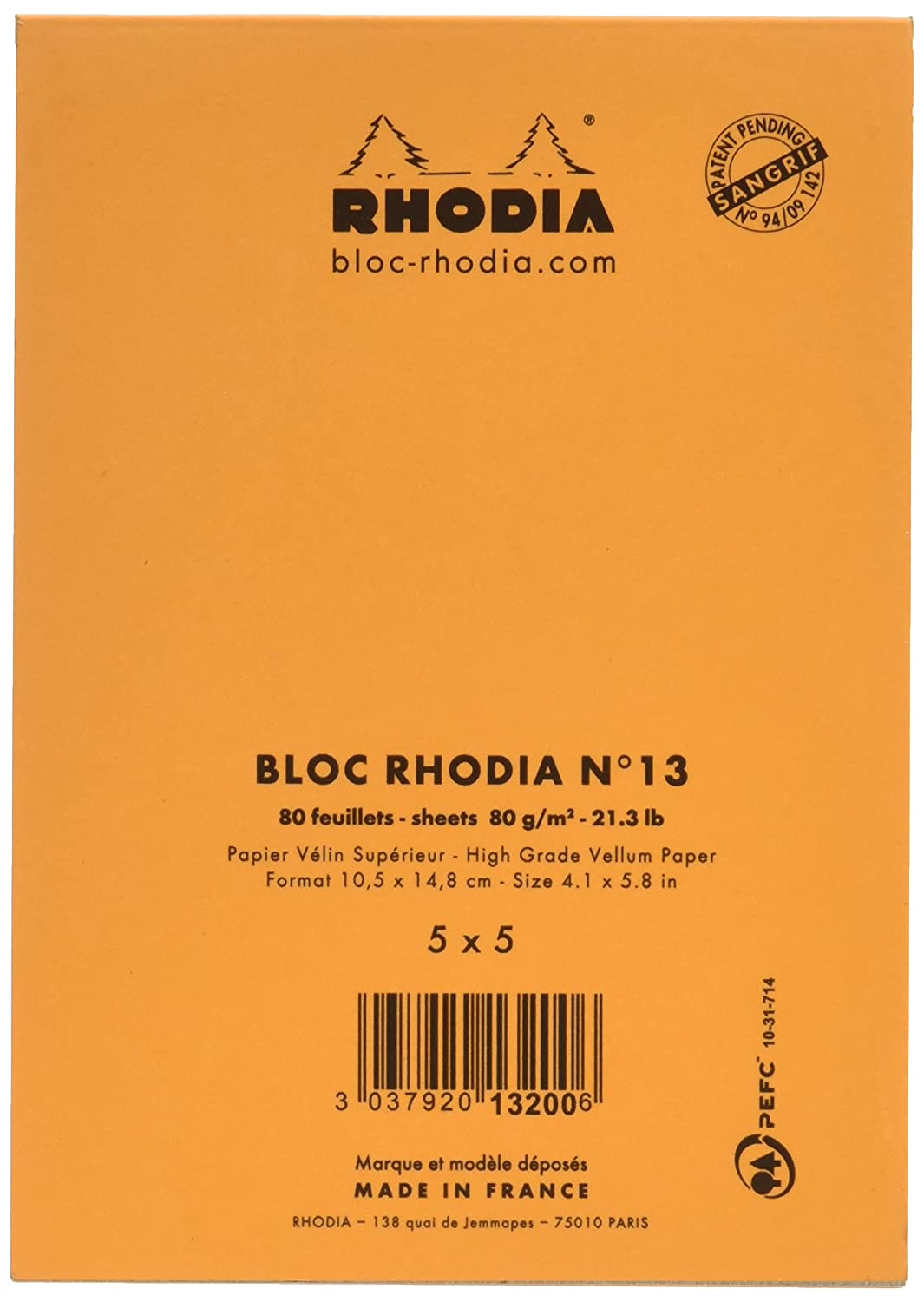 RHODIA 13200C - Stapled Notepad N°13 Orange - A6 - Small Squares - 80 Detachable Sheets - 80G Clairefontaine Paper - Soft, Resistant and Waterproof Coated Card Cover - Basics