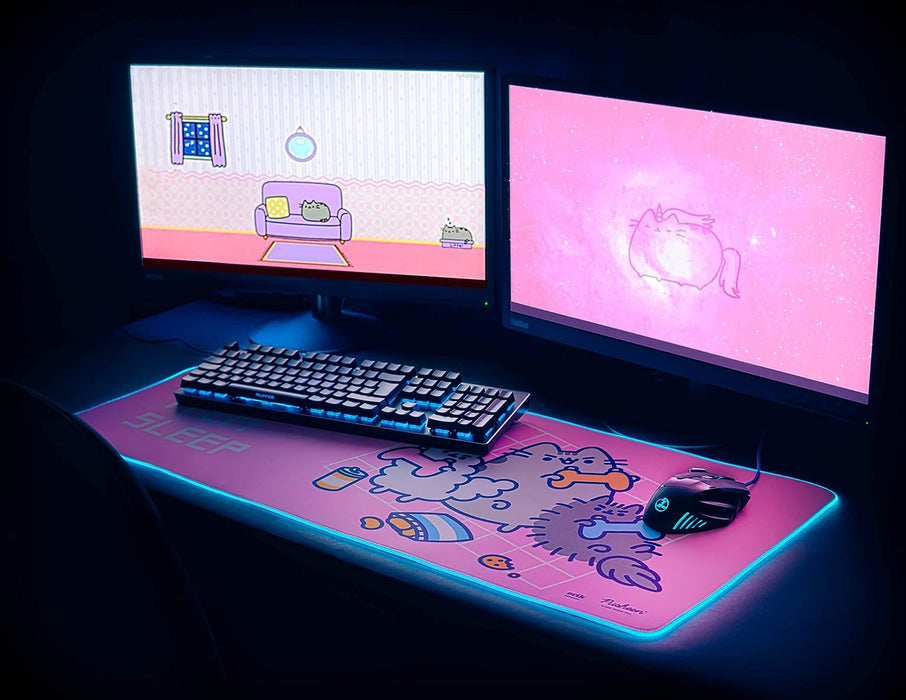 Official Pusheen Mouse Pad XXL - LED - 900x400x4 mm Non-Slip Rubber Base Mouse Pad RGB, RGB Gaming Mouse Pad, Keyboard Mouse Mat - Pusheen Gift - Kawaii Gaming