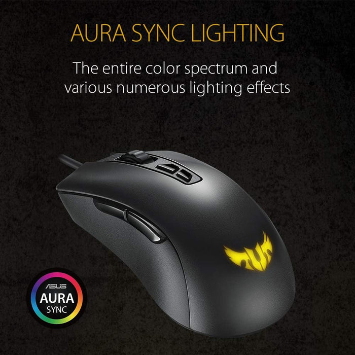 ASUS TUF Gaming M3 ergonomic wired RGB gaming mouse with 7000-dpi sensor, lightweight build, durable coating, heavy-duty switches, seven programmable buttons and Aura Sync Wired black