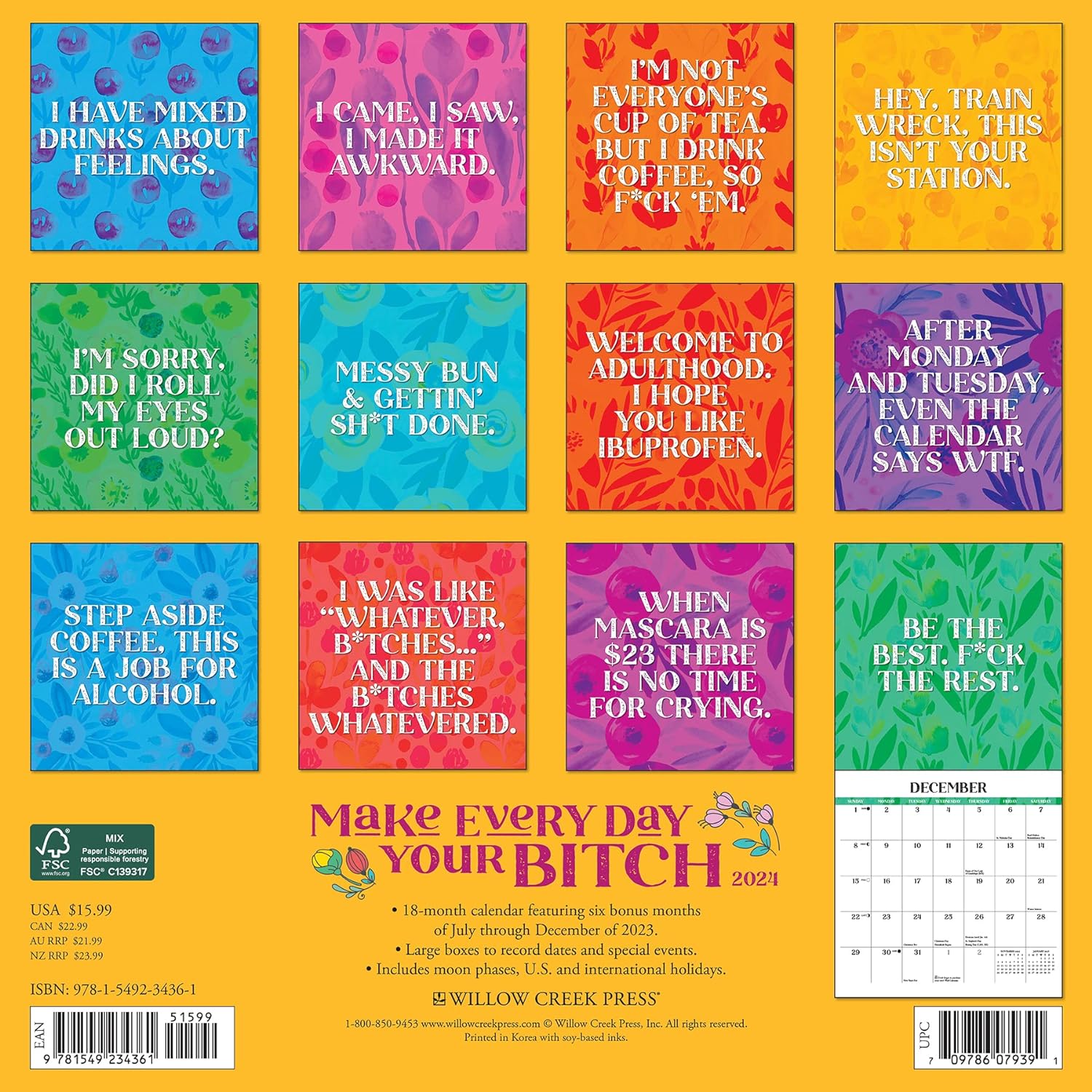 Make Every Day Your Bitch 2024 12 X 12 Wall Calendar