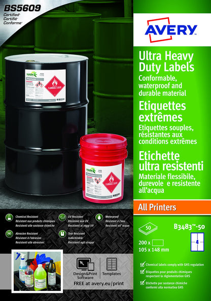 Avery - Avery Ultra Resistant Labels 105 x 148mm Permanent 4 Labels Per Sheet (Pack 200 Labels) B3483-50
