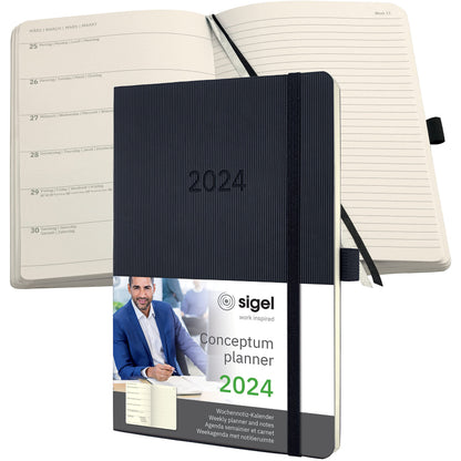 SIGEL C2424 Conceptum Weekly planner and notes 2024, approx. A5, Black, softcover, 2 pages equal to week on left/notes on right, 192 pages