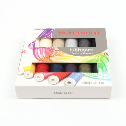 Ackermann Sewing Thread (12 Colours x 200 m) Universal Sewing Thread Colour Mix in 12 Colours in Thickness 120, Sewing Thread Set, Branded Thread