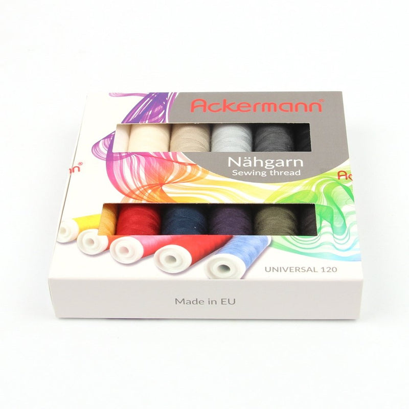 Ackermann Sewing Thread (12 Colours x 200 m) Universal Sewing Thread Colour Mix in 12 Colours in Thickness 120, Sewing Thread Set, Branded Thread